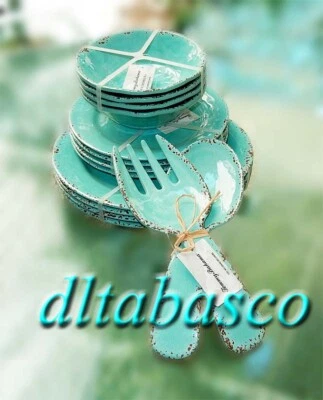 Juego de Melamina TOMMY BAHAMA Cena + Platos de Ensalada + Cuencos + Tenedor y Cuchara Azul Aqua NUEVO Foto 1 de 4