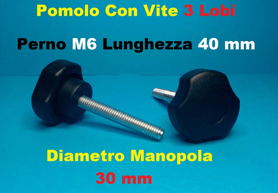 Pomello Volantino Manopola Pomolo Maschio con perno vite M6 40mm 3 Lobi - Immagine 1 di 1