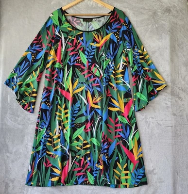 Bob Mackie Dress Womens 1X Colorful Floral Artsy Print Flare Sleeve Art to Wear - Image 1 of 4