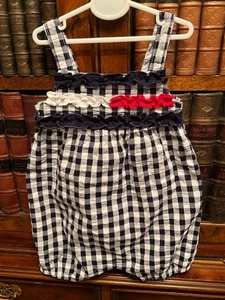 Baby Girls' Tommy Hilfiger Blue & White Gingham Frilled Short Romper - 18M - New - Picture 1 of 3