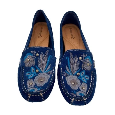 Baretraps Otella Flats Women 7.5  Slip On Moccasin Embroidered Blue Suede Loafer - Image 1 of 4