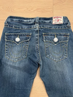 True Religion Billie Jeans Womens Size 27 Mid Rise Straight Leg Yellow Stitches - Image 1 of 4