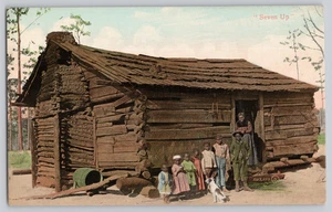 Antique Postcard “Seven Up” Rustic Log Cabin Scene w/ Family & Dog, Unused - Picture 1 of 3