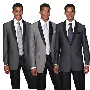 Traje delgado de dos piezas de un botón para hombre con cuello de chal en gris negro azul marino 5601 - Imagen 1 de 9