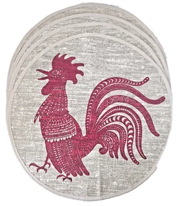 Set of 4 ~ 16" ROUND PLACEMATS ~ Linen Look Beige with Red Roosters ~Bound Edges - Picture 1 of 3