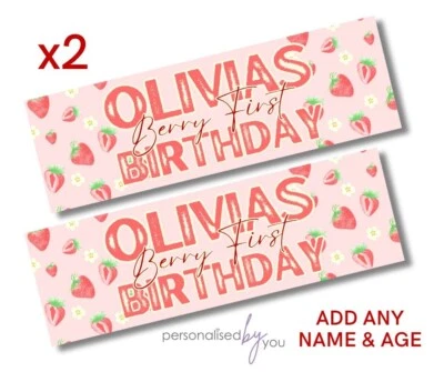 MADVINYL 2x Personalised BERRY 1st FIRST Strawberry Birthday Banner LARGE Poster ANY TEXT