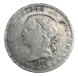 1882 Colombia "CINCO" 5 Decimos Medellin Mint .835 Silver Coin KM 161.2 Key Date - Picture 1 of 4