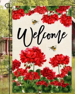 GARDEN FLAG- Geranium Bee Welcome Garden Flag, Double Sided Garden Yard Flag - Picture 1 of 4