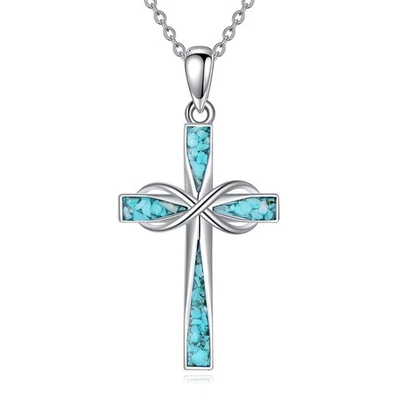 Cross Necklace 925 Sterling Silver Turquoise Cross Pendant Necklace Religious... - Image 1 of 4