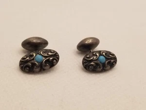 Vintage Small Sterling Silver w/ Turquoise Cufflinks - Picture 1 of 7