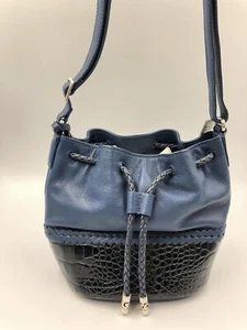 New Brighton Fabiana Tessa Blue Leather Crossbody Drawstring Bucket Bag - Picture 1 of 6