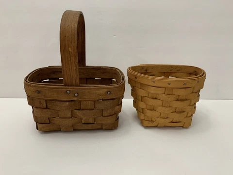 Set 2 Vintage Longaberger Miniature Baskets Natural Wood Woven Handle Wall Decor Cover
