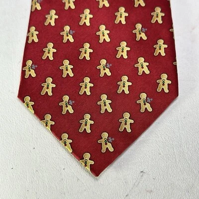 Roundtree Yorke Silk Tie Mens 59 in Burgundy Gingerbread Men Xmas Holiday Wide - Image 1 of 4