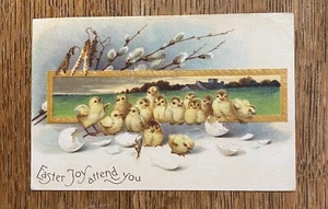 Niedliche KÜKEN Schlüpf Klatschsattel Antik Vintage IAPC geprägt OSTERN Postkarte! - Bild 1 von 2