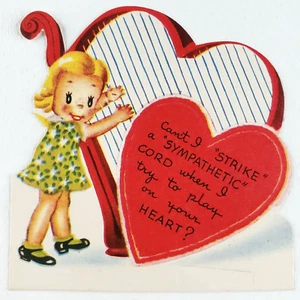Niña Tocando Arpa Tarjeta de San Valentín Años 50 Standup Corazón Golpe Cordón Juego de palabras Sin usar B829 - Imagen 1 de 5