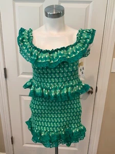 Tularosa Teri Green & White Plaid Peplum Dress W/ Ruffles & Lace, Size Large - Picture 1 of 5