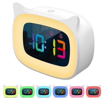 Cute Cat Ear Alarm Clock with RGB 7 Color Night Light & 18 Ringtones,Recharge... - Image 1 of 4