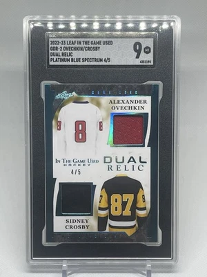2022 Leaf ITG Used Platinum Blue Alex Ovechkin Sidney Crosby Relics 4/5 SGC 9 - Image 1 of 2