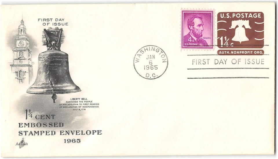 US #U547 FDC, 1965, 1 1/4c Liberty Bell, Art Craft - Image 1 of 1
