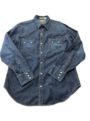 Camisa Levis Denim Para Hombres L Azul Real Botón a Presión Y2K Años 90 Abotonada Ajustada De Colección Foto 1 de 4