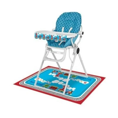 Alfombrilla de silla alta y bandera feliz cumpleaños de 1 año - azul. Tema All Aboard Foto 1 de 3