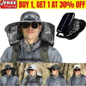 Ventilatore Solare a Tesa Larga Cappello da Pesca Esterno - Ricarica Solare e USB, Ricarica USB Navy - Foto 1 di 19