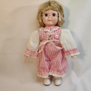 Vintage Doll With Music Box porcelain  ceramic 12" Tall Blonde Glasses - Picture 1 of 14