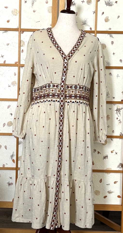 Denim & Co. Women's Dress Canyon Retreat Embroidered Button Front Oatmeal Medium - Image 1 of 4
