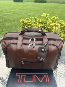 TUMI Alpha Brown Leather 22” Carry-On 3 ZIP Weekender Duffle Bag Expandable Rare - Picture 1 of 15