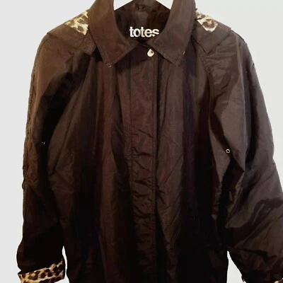 Vtg Totes Raincoat Women Sz M Detachable Hood Black/ Leopard Print Pockets Lined - Image 1 of 4