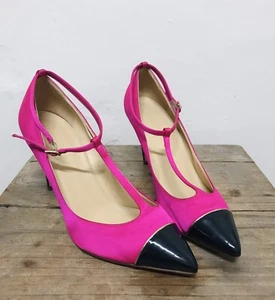 J. CREW Everly T Strap Pump Fuschia Pink and Black Patent Toe Ladies Size 9.5 - Picture 1 of 17