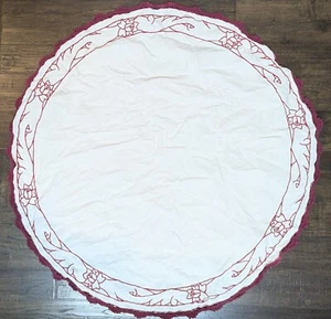 Mantel Vintage 36" Redondo Corte Y Bordado Flores Desplazamiento Borgoña - Imagen 1 de 8