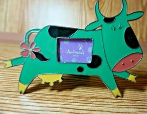 Metal Enameled Green Happy Dancing Cow Photo Frame Table Top 2" x 1.5" Photo - Picture 1 of 3