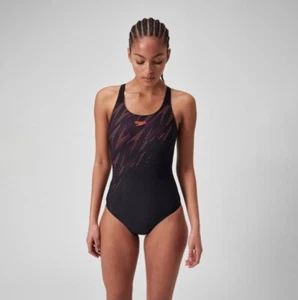 Speedo Womens Swimsuit HyperBoom Placement Muscleback-Blk/Red/Plum UK14 RRP £42 - Picture 1 of 6