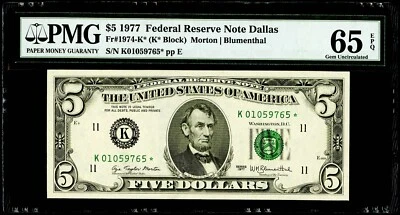 $5 1977 Federal Reserve *Star Note Dallas Fr#1974-K* PMG 65 EPQ Gem Uncirculated - Image 1 of 3