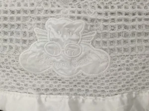 Kidgets Baby Blanket White Waffle Knit Satin Trim Angel Bear Heaven Sent 28x28 - Picture 1 of 6