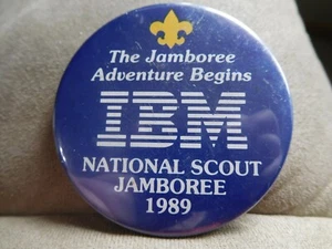 EG SCOUT BSA 1989 JAMBOREE IBM PINBACK BUTTON PIN IBM EXHIBIT SOUVENIR JAMBO !!! - Picture 1 of 4