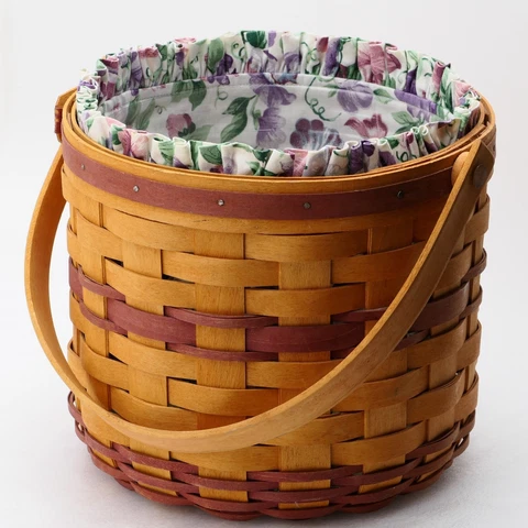 Longaberger Handwoven 7" Basket 1996 Brown/Tan w/ Cloth, Plastic Liner & Handle Cover