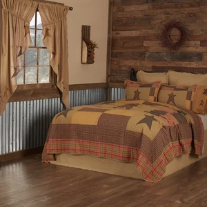 Stratton Primitive Star Queen Quilt Red Tan Black Patchwork 90x90" VHC Brands - Picture 1 of 5