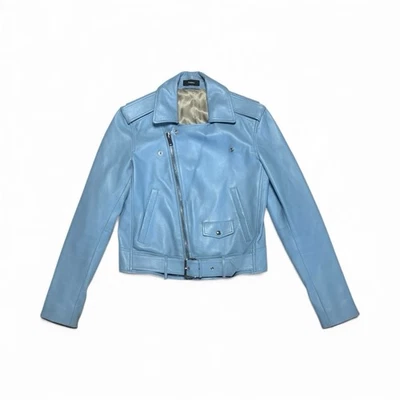 Theory Cropped Leather Biker Jacket Women’s Small Eggshell Blue - Image 1 of 4