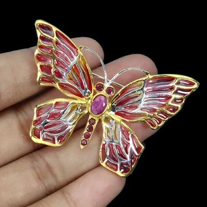 925 Sterling Silver Brooch Oval Ruby Natural Gemstone Enamel Butterfly Jewelry - Picture 1 of 14