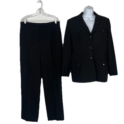 Tahari Polyester Pant Suit Size 14 Black Lined Notch Collar Career Business 2PC - Image 1 of 4