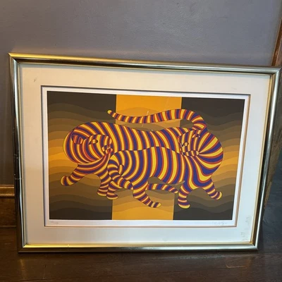 Serigrafia colorida original vintage anos 80 Victor Vasarely “Tigers” 21”x29” #/250 - Imagem 1 de 4