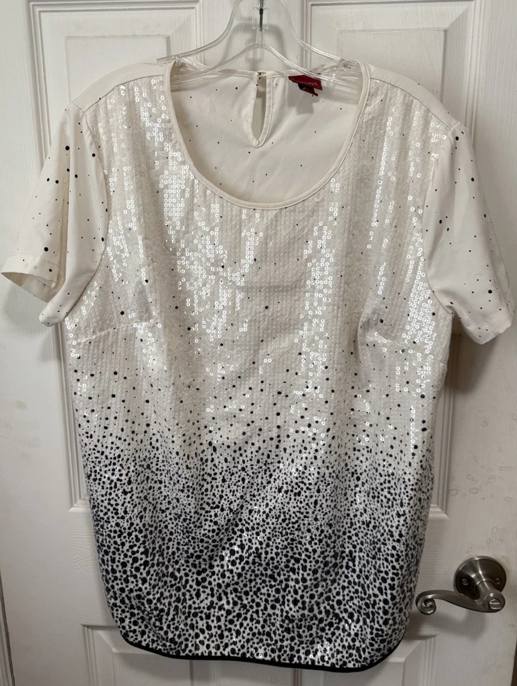Blusa para mujer Merona talla XXL lentejuelas manga corta negro blanco color desvanecido Top Foto 1 de 1