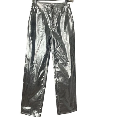 Pantalones H&M Poliuretano Mujer Talla 2 Plateados Metálicos Retro Años 90 Cintura Alta   Foto 1 de 4