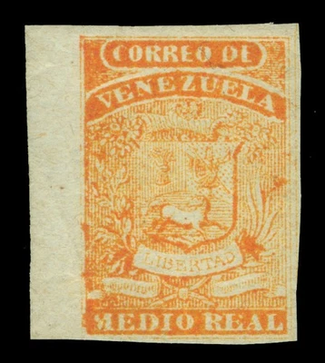 ВЕНЕСУЭЛА 1861 герб 1⁄2r оранжевый Sc # 4 новом MH XF - лист стороне - Изображение 1 из 2