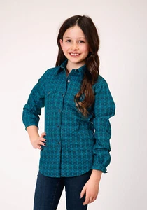 Roper Girls Tiles Print Green 100% Cotton L/S Shirt - Picture 1 of 4