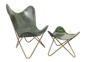 Openable Leather Butterfly Sling Chair & Ottoman, Green Leather Foot Stool - Picture 1 of 4