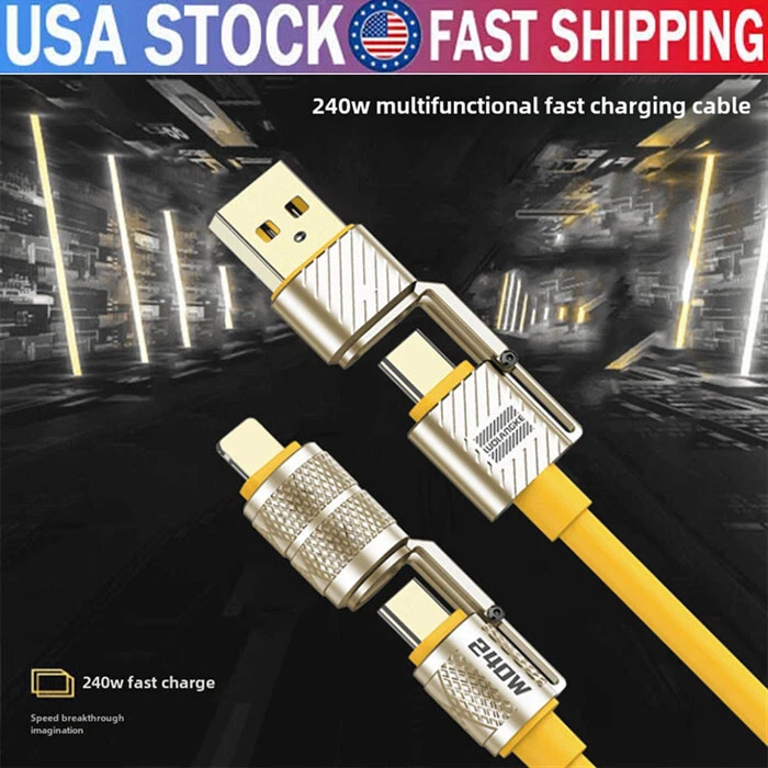 240W 4-in-1 Data Cable Super Fast Charge Cable For Apple iPhone 16 15 14 13 Pro - Image 1 of 4