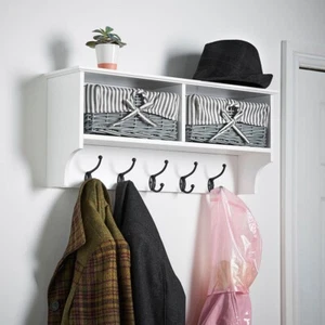 Wandgarderobe 5 Haken Aufhänger Flur Aufbewahrung mit Regal Korb Kleidung - Bild 1 von 9